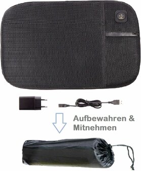 PowerHeat stadionkussen - Verwarmd zitkussen met 10.000mAh powerpack - 3 warmtestanden - Voor evenementen, camping, wintersport, thuis en rolstoelgebruik - Zwart - 58x37 cm